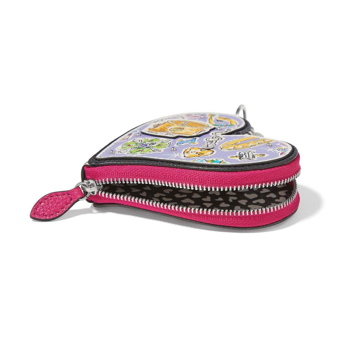 Brighton heart-shaped leather coin pouch with illustrated charm print, pink zipper, and patterned interior on a white background