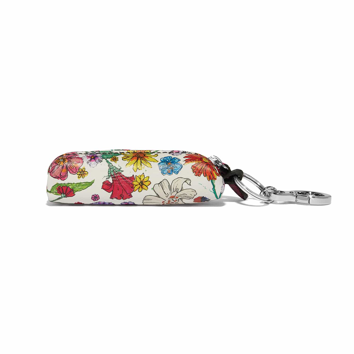 Brighton leather pouch keychain with colorful floral print and silver-tone clip closure on a white background