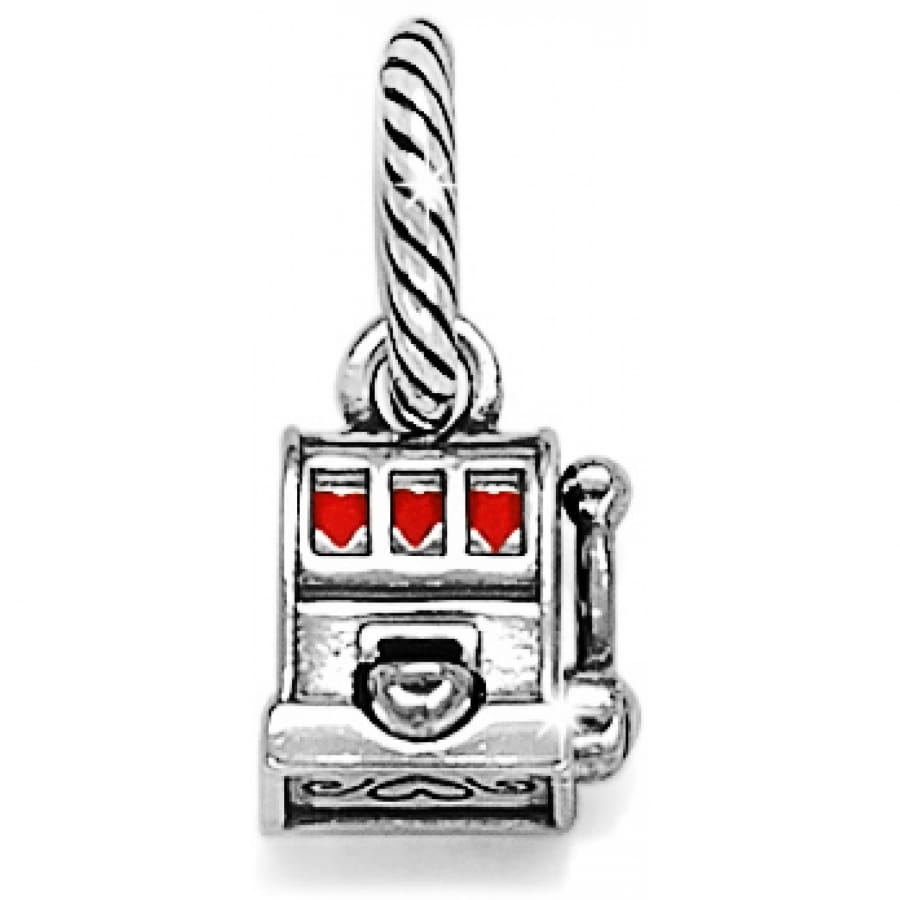 Brighton slot machine charm with silver-plated finish and three red heart symbols on a white background
