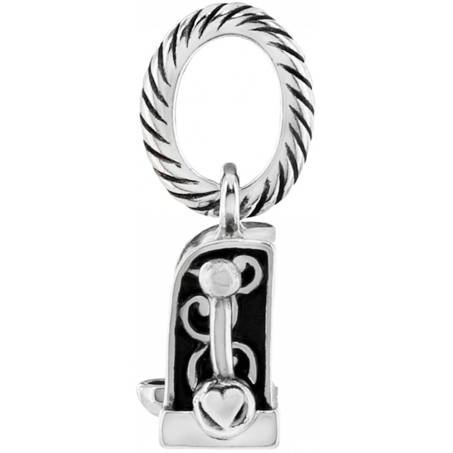Brighton charm with silver-plated rope-textured ring and ornate scrollwork panel featuring small heart detail on a white background