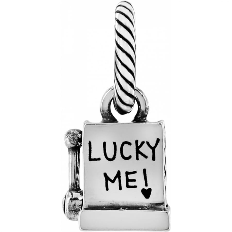 Brighton slot machine charm with silver-plated finish and "Lucky Me!" engraved detail on a white background