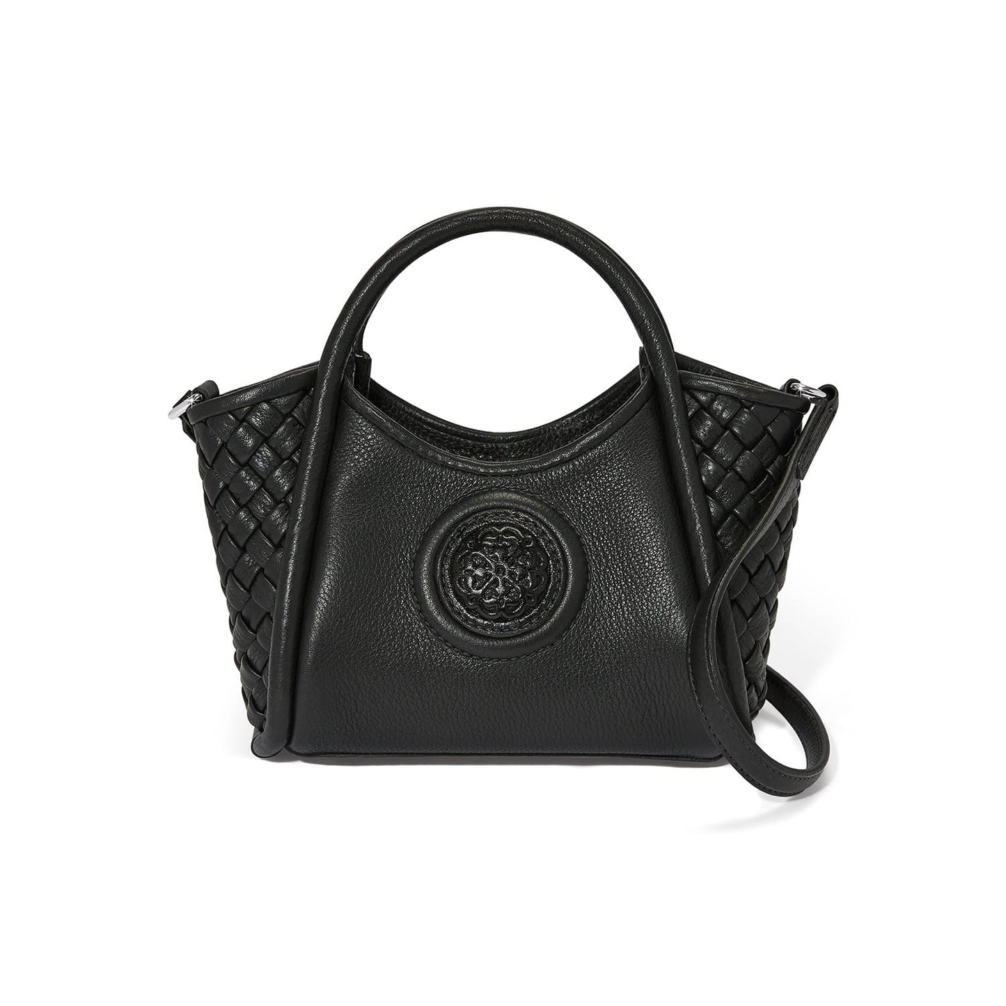 Brighton handbag in black leather with woven side panels, embossed medallion, top handles, and crossbody strap on a white background