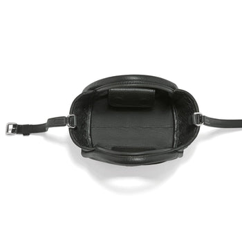 Brighton black leather handbag shown from above with interior view, woven sides, and silver-tone buckle strap on a white background