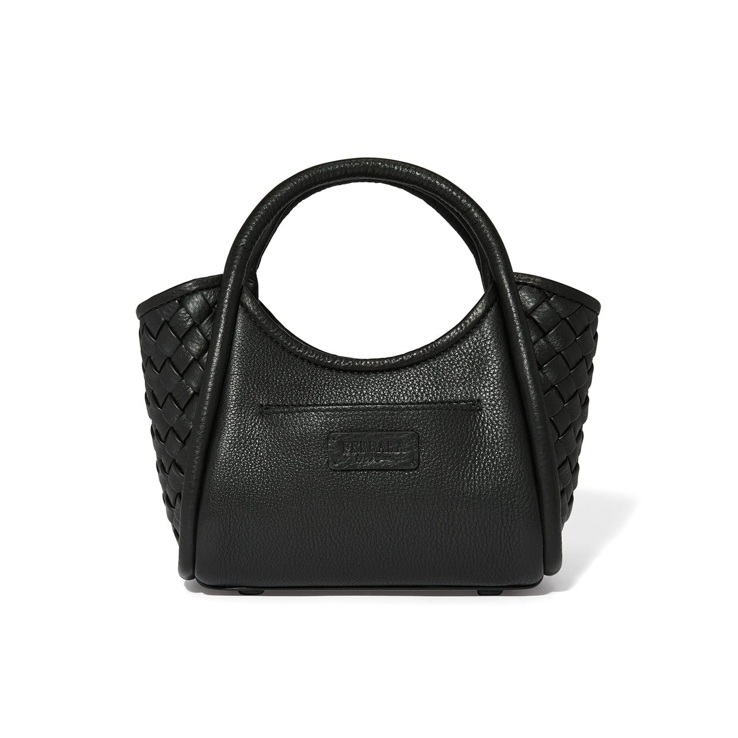 Brighton black leather handbag with woven side panels, dual rounded top handles, and front logo patch on a white background