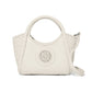 Brighton handbag in cream leather with woven side panels, round handles, and ornate medallion accent on a white background