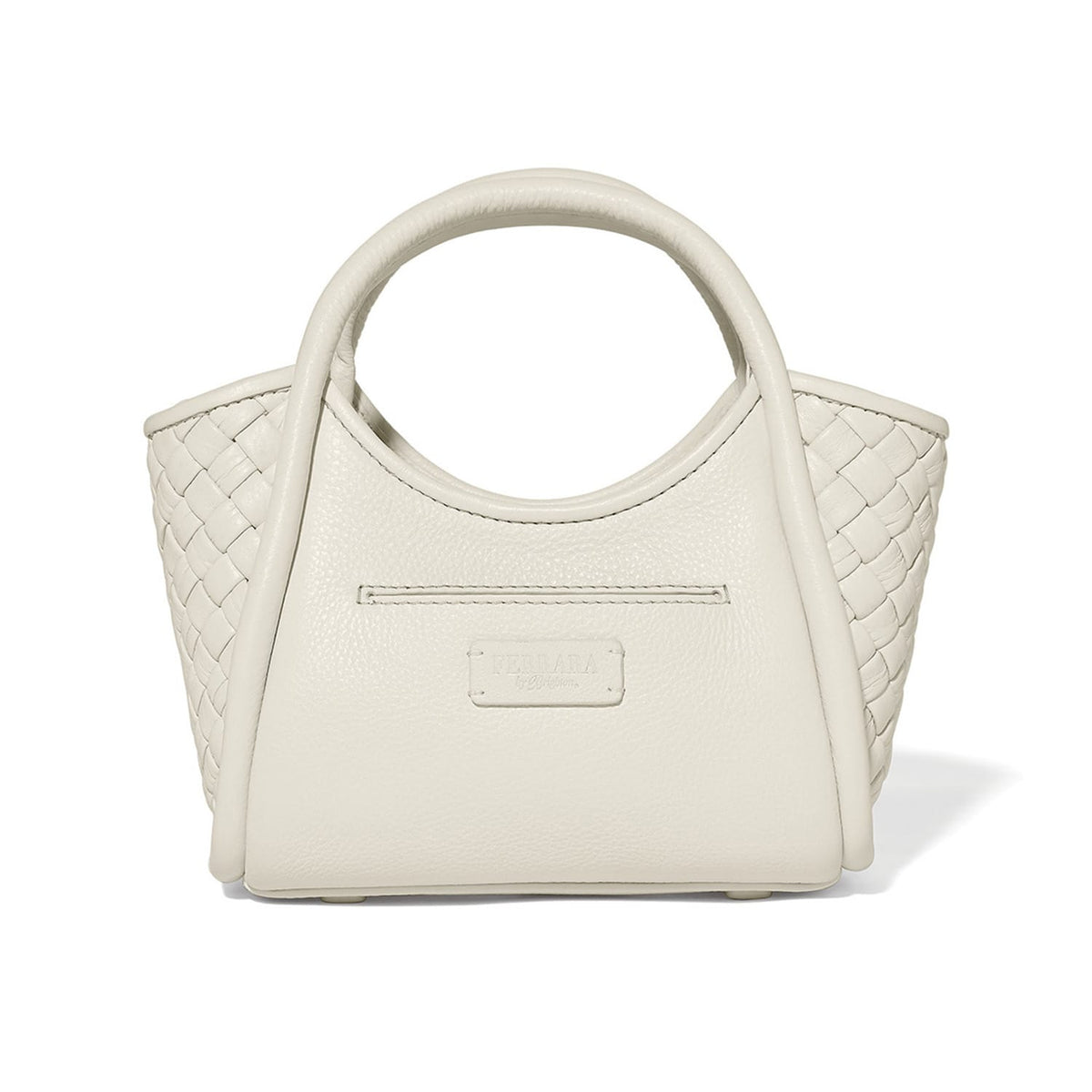 Brighton handbag shown from the back with cream woven leather sides and rolled top handles on a white background