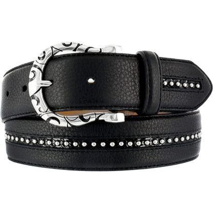 Brighton black leather belt with ornate silver-tone scroll buckle and beaded stud accents on a white background