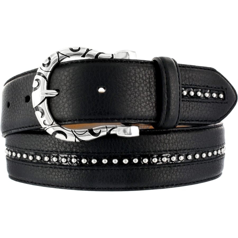 Brighton black leather belt with ornate silver-tone scroll buckle and beaded stud accents on a white background