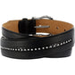 Brighton black leather belt with silver-tone buckle and studded accent details coiled on a white background