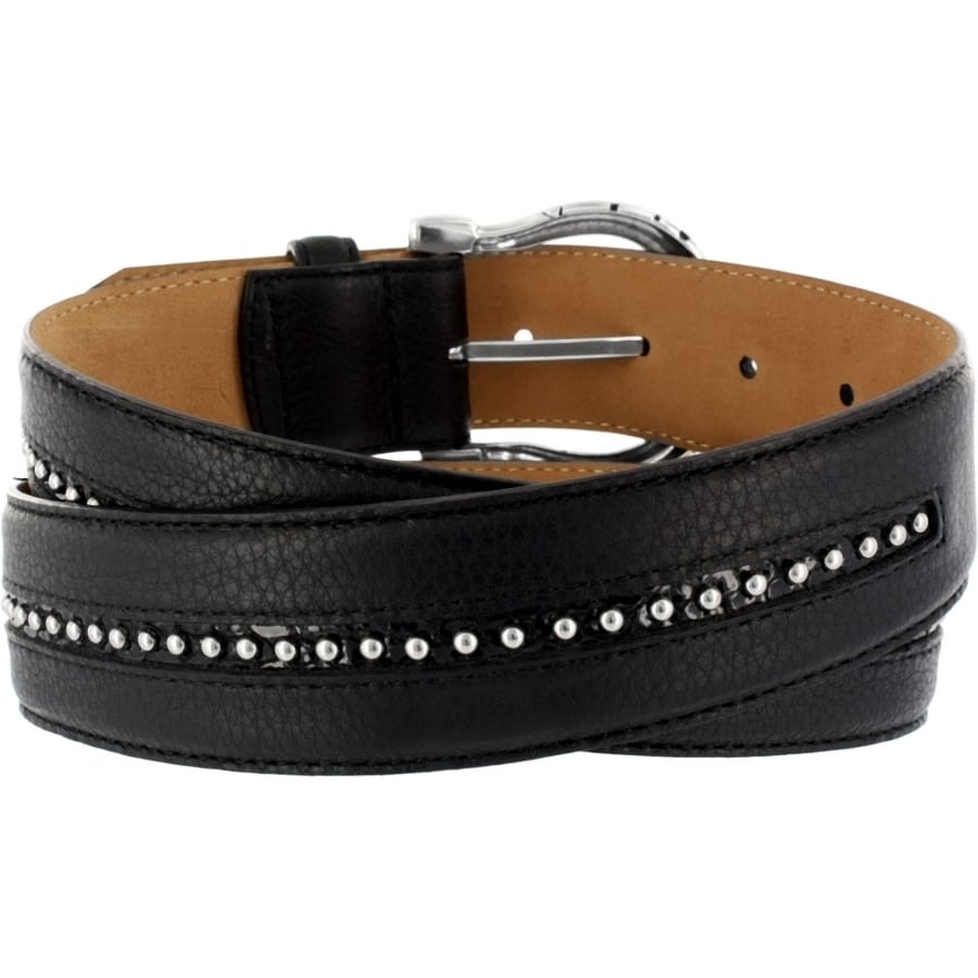 Brighton black leather belt with silver-tone buckle and studded accent details coiled on a white background