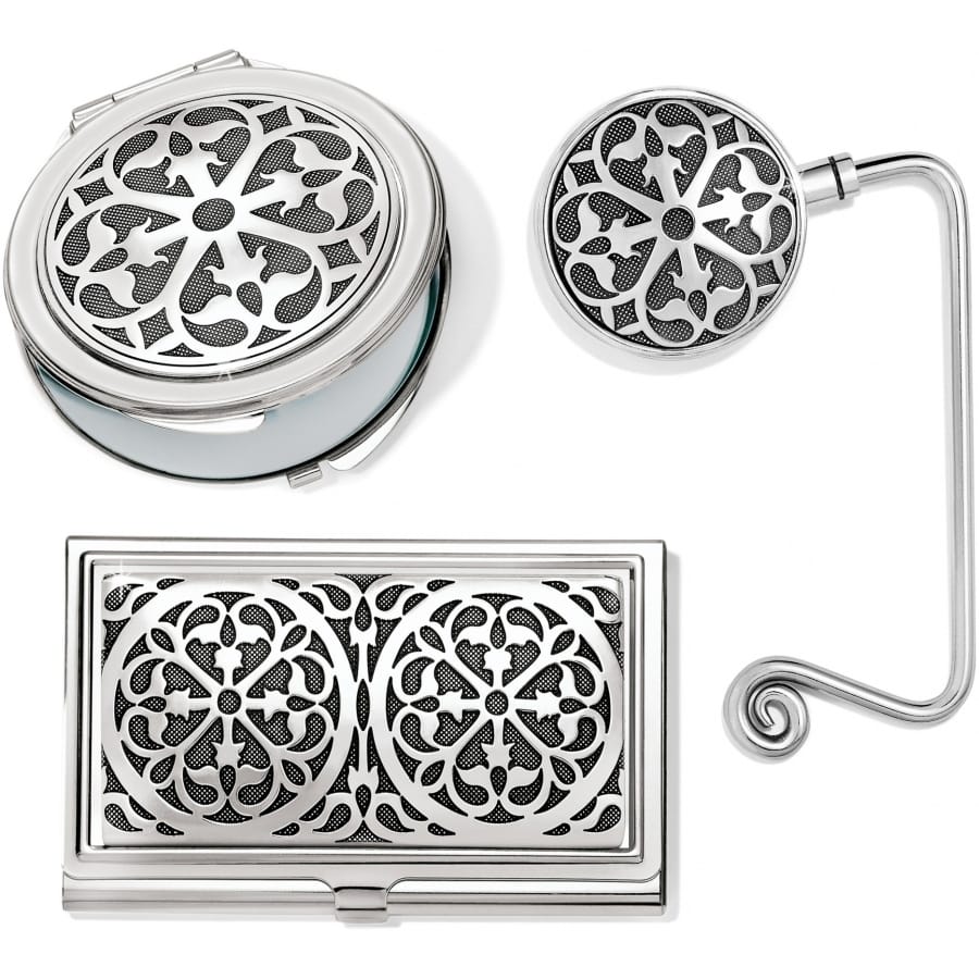Brighton gift set with silver-tone compact, card case, and bag hook featuring ornate scrollwork medallions on a white background
