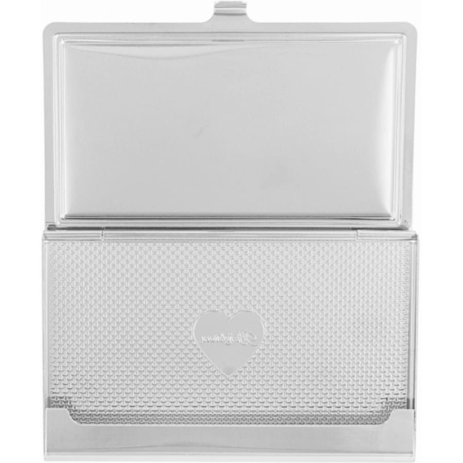 Brighton silver-tone business card case shown open with textured interior and engraved heart emblem on a white background