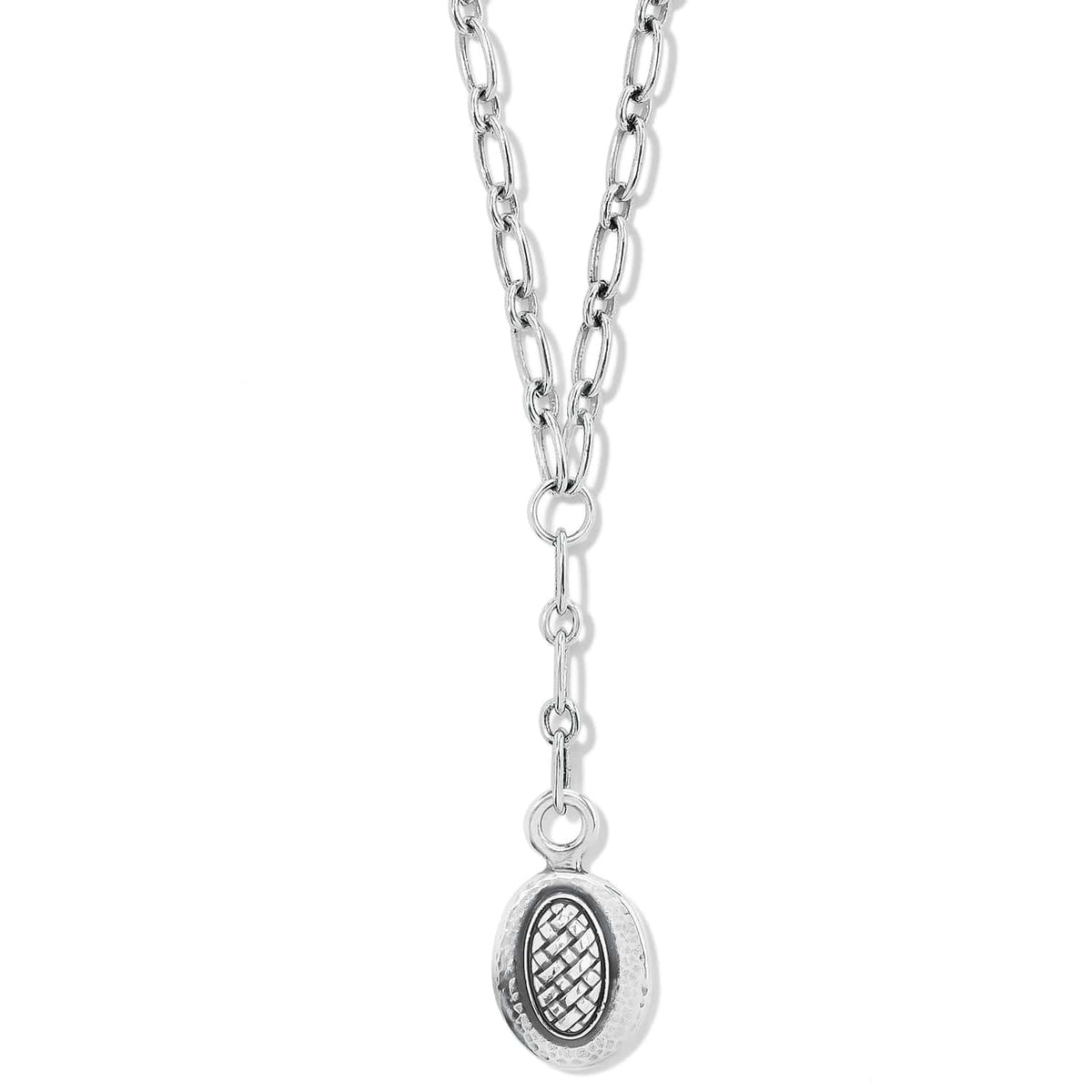 Brighton pendant necklace with silver-plated oval charm featuring hammered edge and crosshatch center on a white background