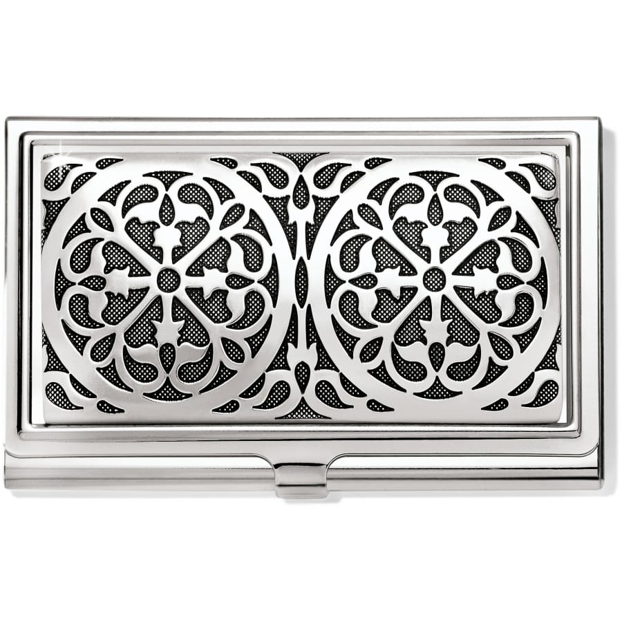 Brighton business card case with silver-tone ornate scrollwork filigree design over black background on a white background