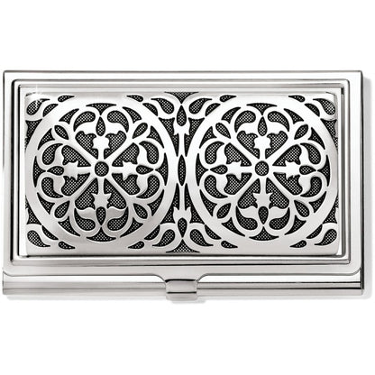 Brighton business card case with silver-tone ornate scrollwork filigree design over black background on a white background