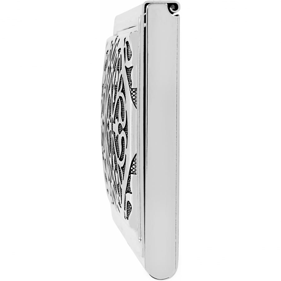 Brighton compact shown from the side with silver-tone hinged case and ornate filigree detail on a white background