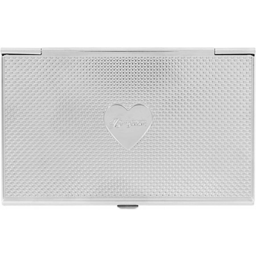 Brighton silver-tone card case with textured woven pattern and engraved heart emblem centerpiece on a white background