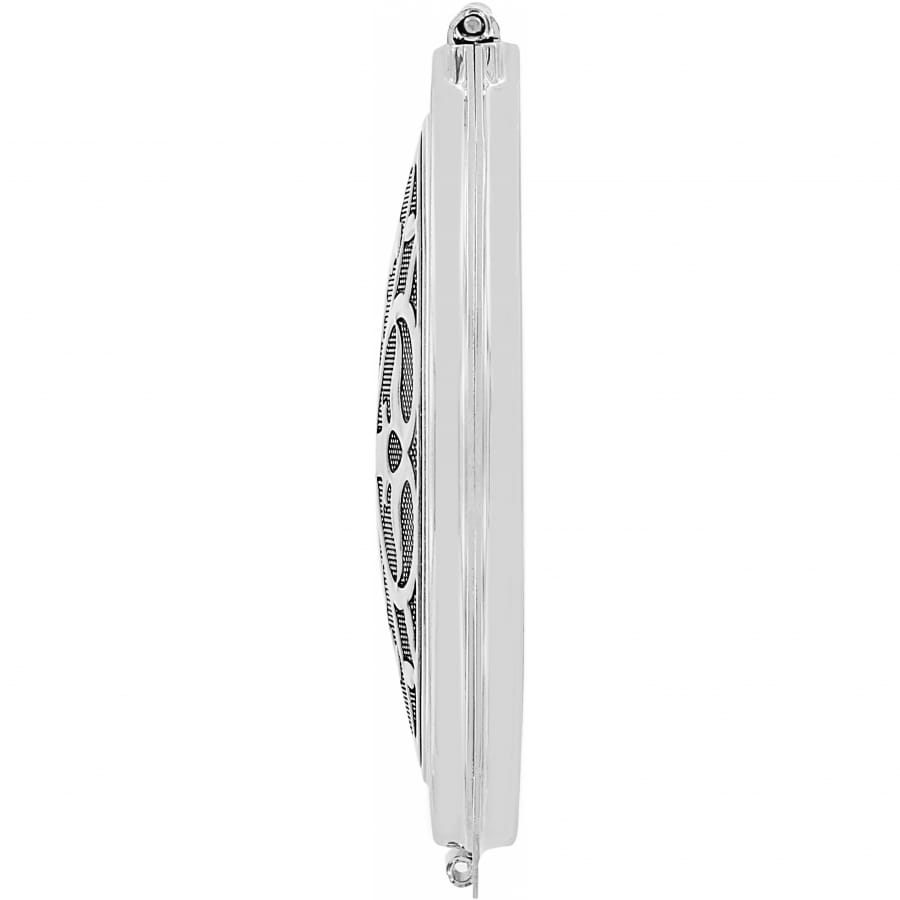 Brighton mezuzah case shown from the side with silver-tone polished frame and decorative panel on a white background