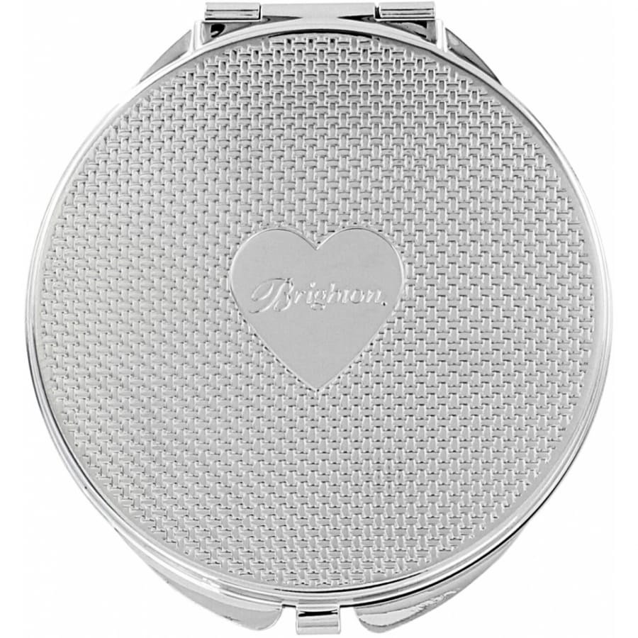 Brighton round compact mirror with silver-tone woven texture and engraved heart emblem on a white background
