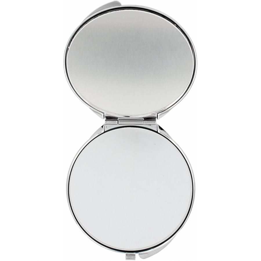 Brighton compact mirror shown open with two round silver-tone mirrored surfaces and hinged case on a white background