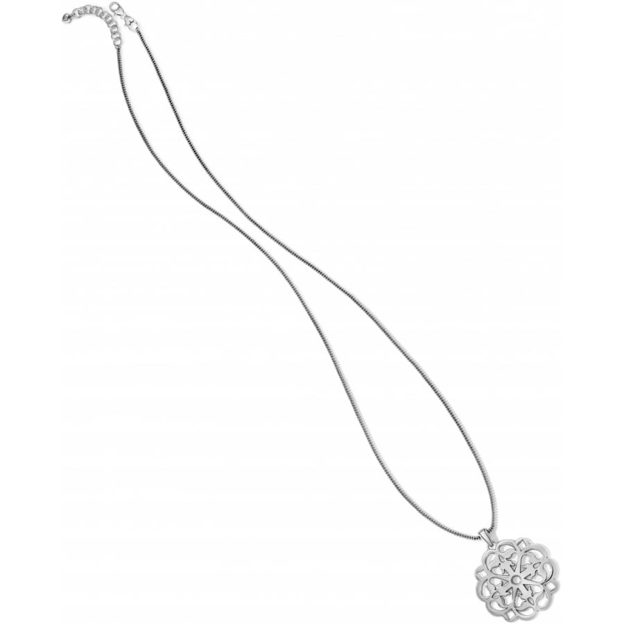 Brighton pendant necklace with silver-plated openwork floral medallion and slim snake chain on a white background