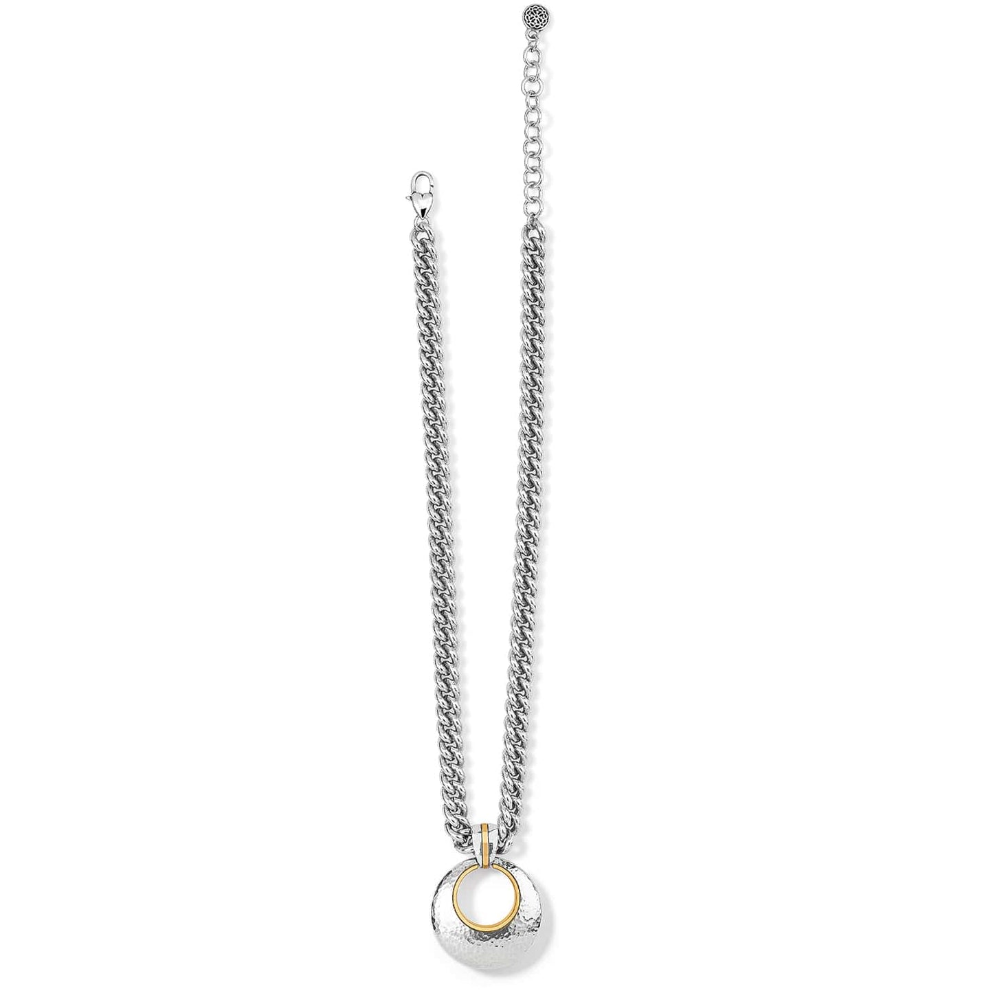 Brighton pendant necklace with hammered silver-tone circular pendant, gold-tone accent, and curb chain on a white background