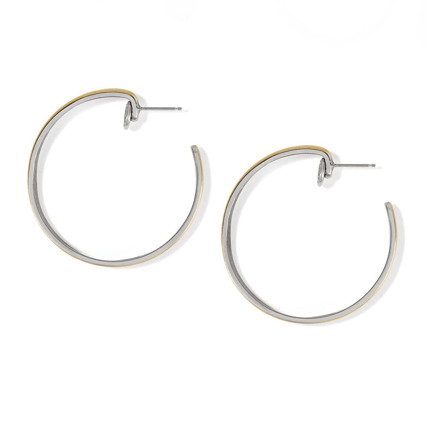 Brighton hoop earrings in two-tone silver and gold finish with post backs on a white background