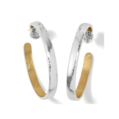 Brighton hoop earrings with hammered silver-tone exterior, gold-tone interior, and textured circular post accents on a white background