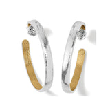 Brighton hoop earrings with hammered silver-tone exterior, gold-tone interior, and textured circular post accents on a white background