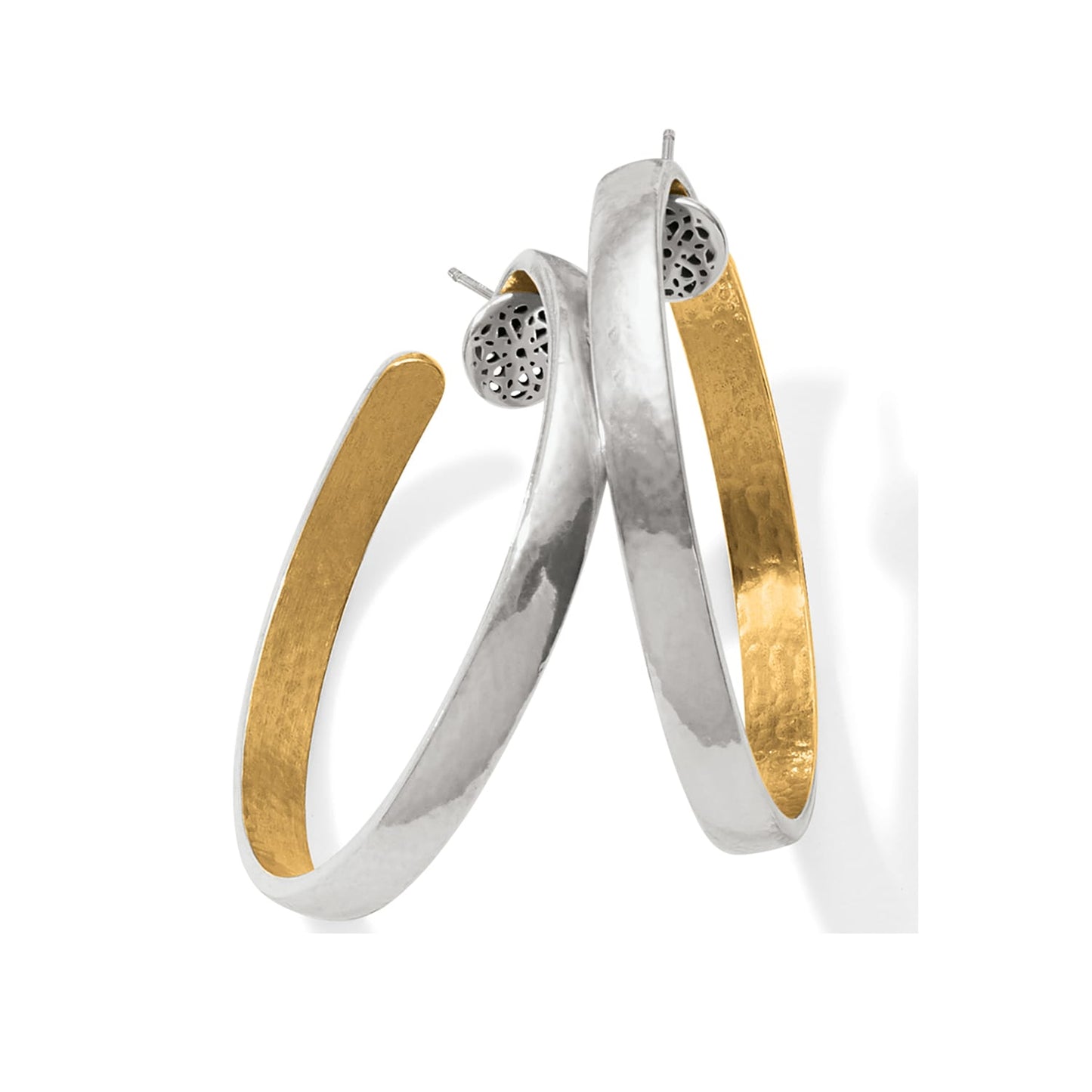 Brighton hoop earrings with two-tone finish featuring silver exterior and gold interior with decorative posts on a white background
