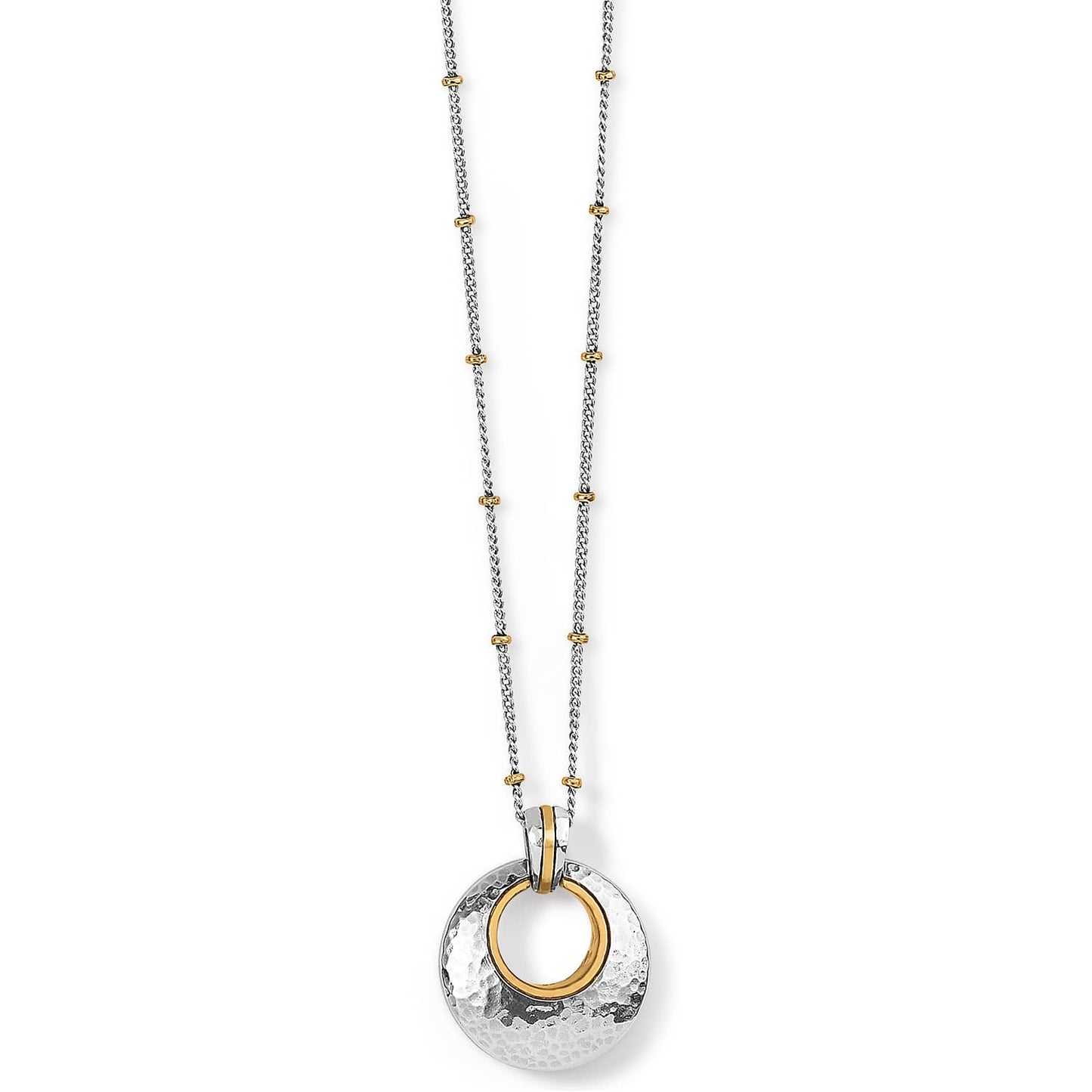 Brighton pendant necklace with hammered silver-tone disc, gold-tone ring accent, and beaded chain on a white background