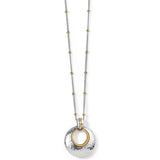 Brighton pendant necklace with hammered silver-tone disc, gold-tone ring accent, and beaded chain on a white background