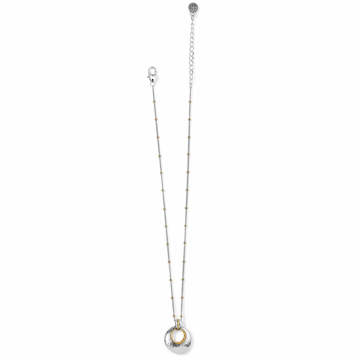 Brighton pendant necklace with hammered silver-tone disc, gold-tone ring accent, and beaded chain on a white background