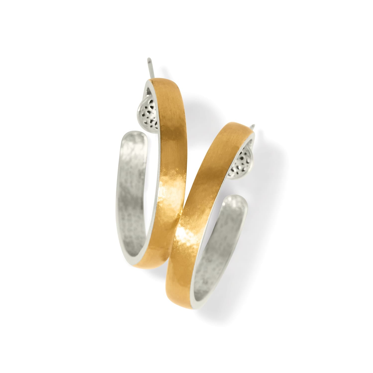Brighton hoop earrings with two-tone gold and silver finish and openwork heart accents on a white background