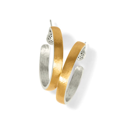 Brighton hoop earrings with two-tone gold and silver finish and openwork heart accents on a white background