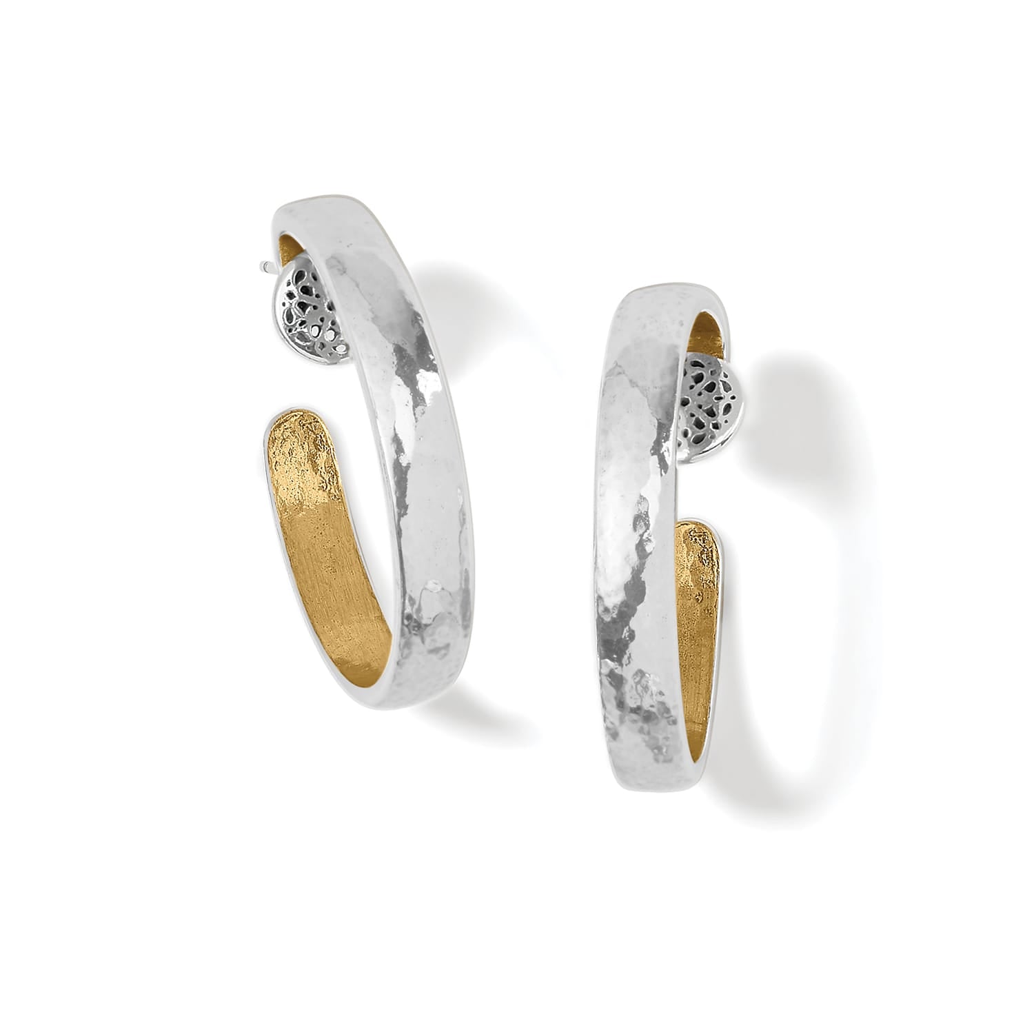 Brighton hoop earrings with hammered silver-tone exterior, gold-tone interior, and decorative filigree accents on a white background