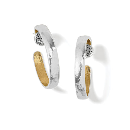 Brighton hoop earrings with hammered silver-tone exterior, gold-tone interior, and decorative filigree accents on a white background