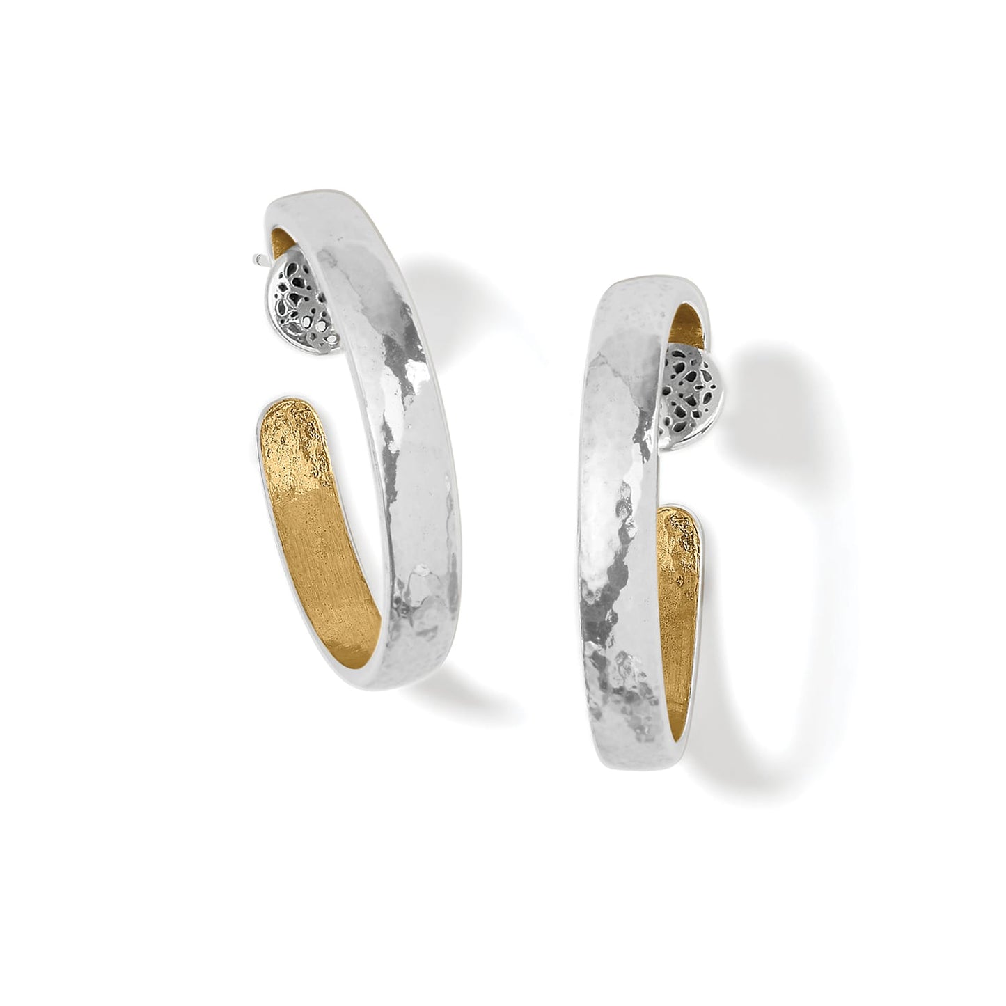 Brighton hoop earrings with hammered silver-tone exterior, gold-tone interior, and decorative filigree accents on a white background