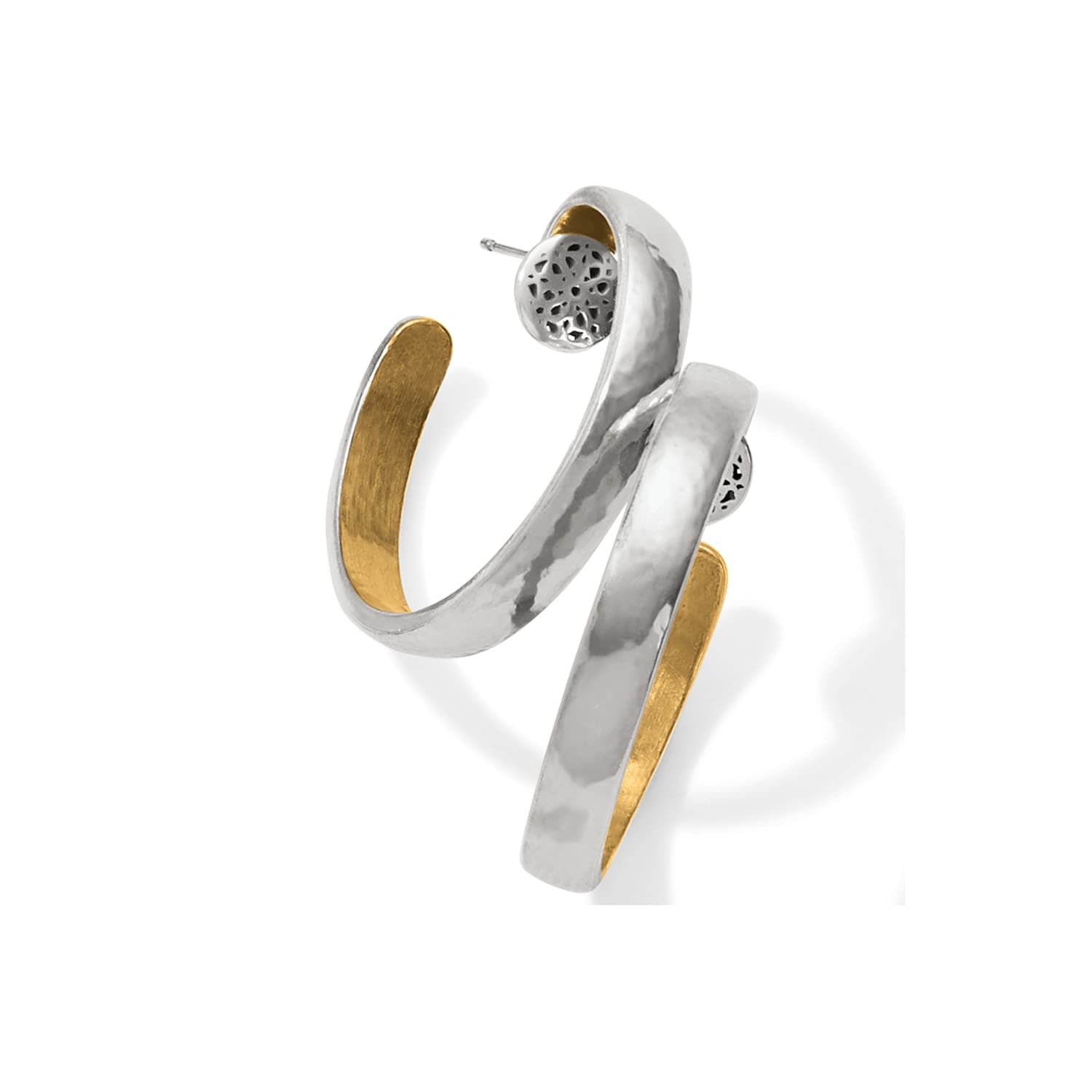 Brighton hoop earrings with hammered silver-tone exterior and gold-tone interior in a swirl design on a white background
