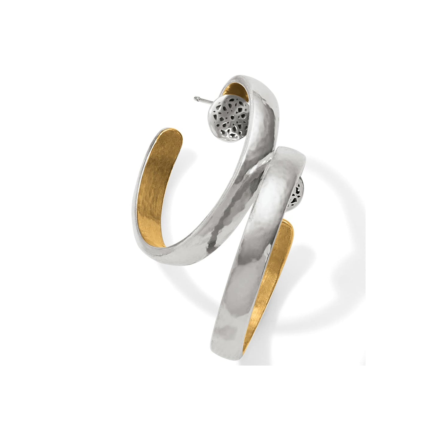 Brighton hoop earrings with hammered silver-tone exterior and gold-tone interior in a swirl design on a white background