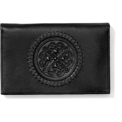 Brighton black leather wallet with embossed circular medallion and decorative stitching detail on a white background