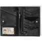 Brighton passport wallet shown open with black leather interior, card slots, zip pocket, and ID window on a white background