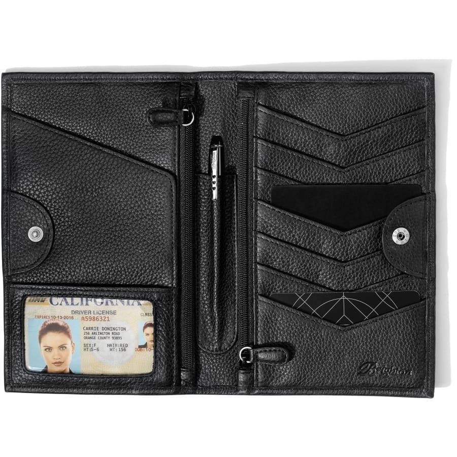 Brighton passport wallet shown open with black leather interior, card slots, zip pocket, and ID window on a white background