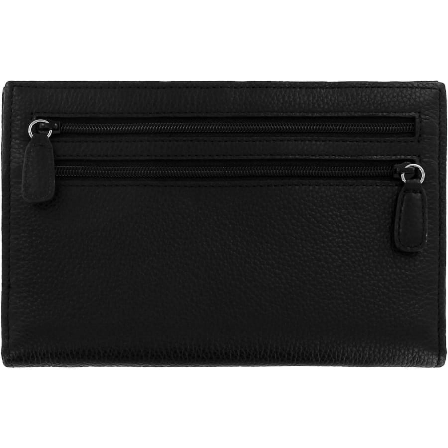 Brighton wallet shown from the back with black pebbled leather and two horizontal zip pockets on a white background