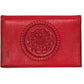 Brighton red leather wallet with embossed circular medallion and braided border detail on a white background