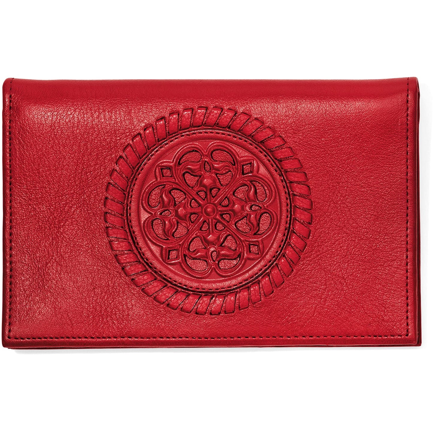 Brighton red leather wallet with embossed circular medallion and braided border detail on a white background