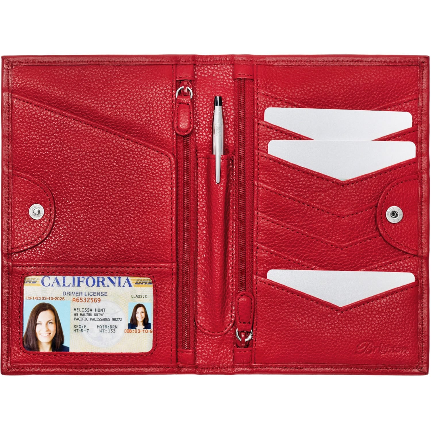 Brighton red leather travel wallet shown open with card slots, ID window, zippered pockets, and pen holder on a white background
