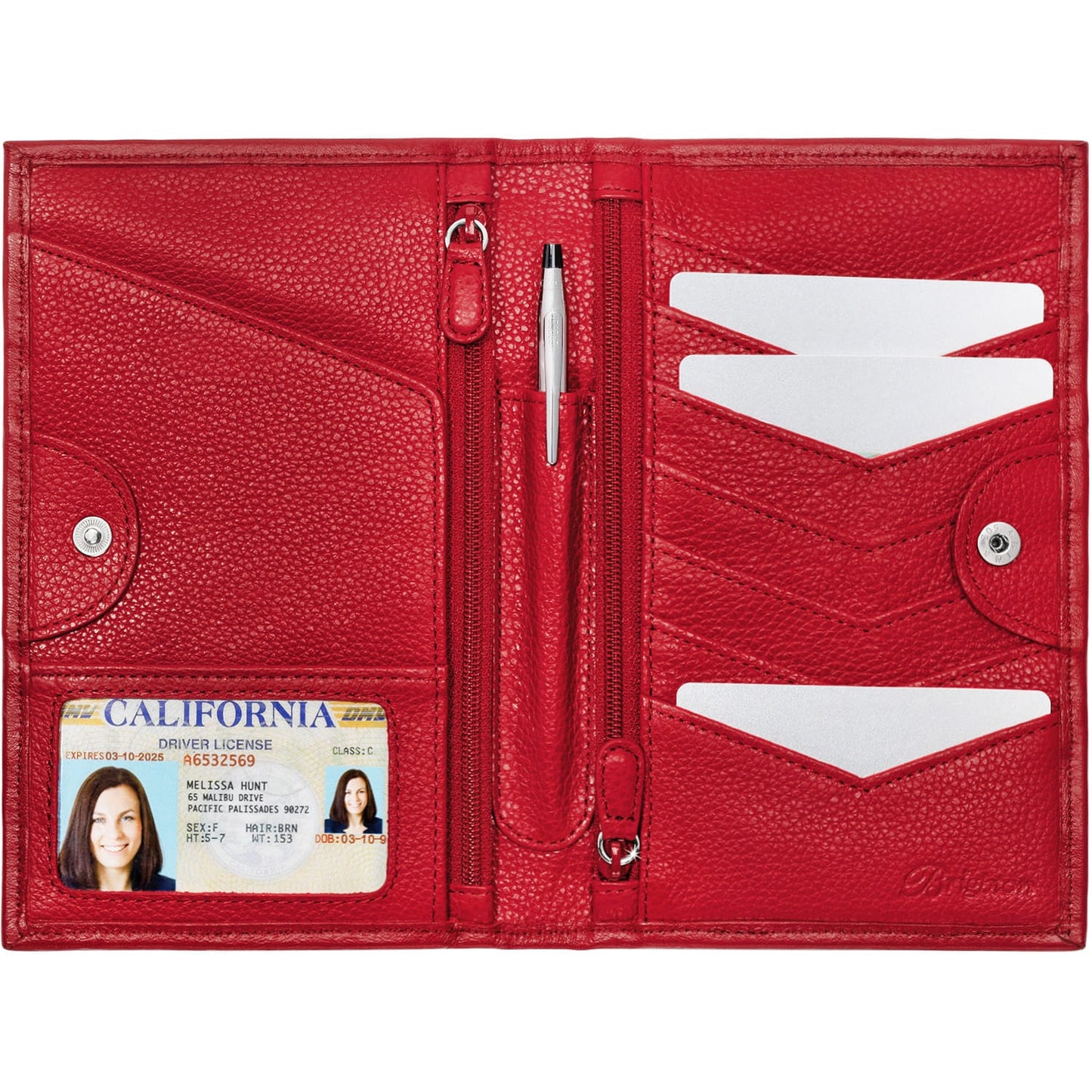 Brighton red leather travel wallet shown open with card slots, ID window, zippered pockets, and pen holder on a white background