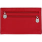 Brighton red leather wallet shown from the back with two zippered pockets and silver-tone medallion pulls on a white background