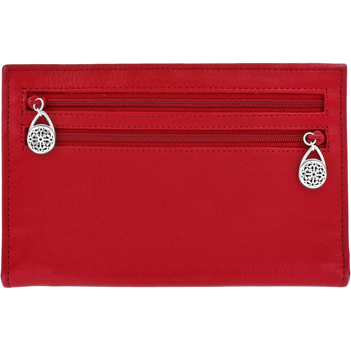 Brighton red leather wallet shown from the back with two zippered pockets and silver-tone medallion pulls on a white background